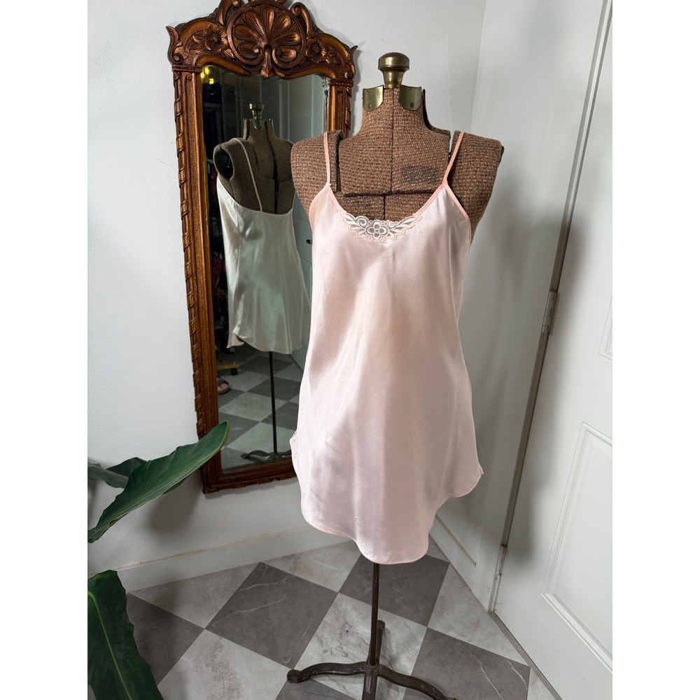 Vintage Pink Satin Lace Trim Slip Dress Chemise Nightgown Lingerie Blush
